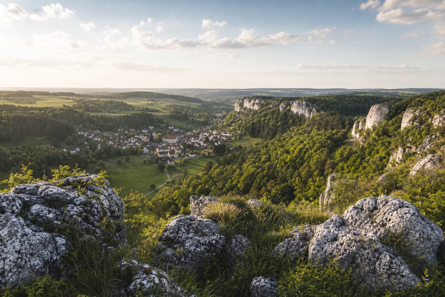 Kalkhügel und Dorf in der Fränkischen Schweiz