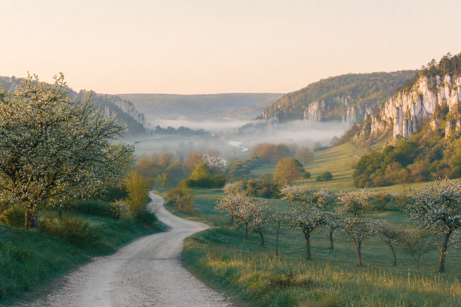 Blühendes Tal mit Obstgärten und Morgennebel in Deutschland