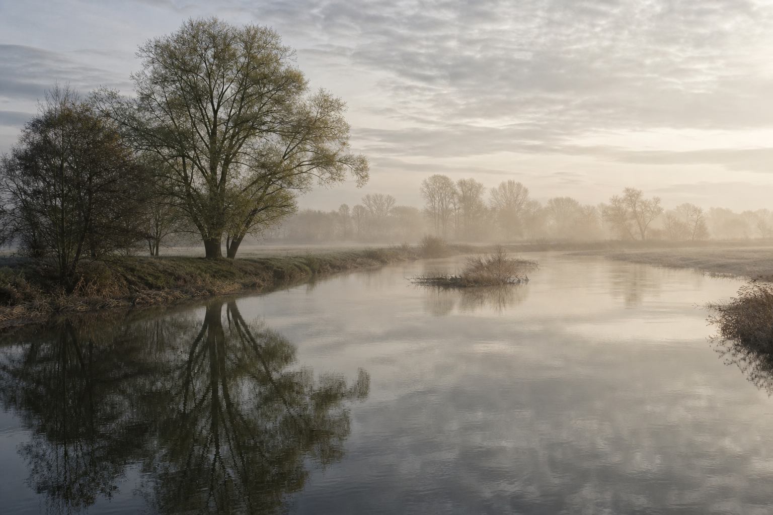 Silberne Flussaue am Morgen in Deutschland